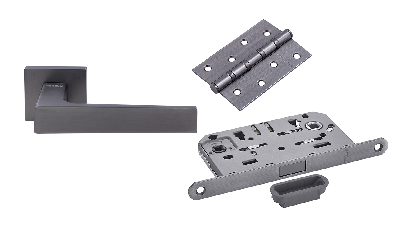 Комплект дверных ручек MH-54-S6 GR + защёлка бесшумная M1895P GR + петли врезные универсальные MSN 100X70X2.5-4BB GR (2шт)