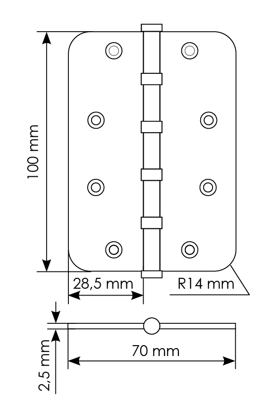 Петля стальная MSN-C 100X70X2.5-4BB SN скругленная универсальная с подшипником, вес полотна до 40 кг, цвет белый никель фото купить в Балашихе